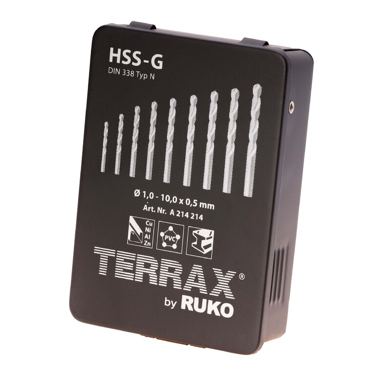Набор сверл по металлу Terrax by Ruko 1-10мм 19 штук HSS-G 118° DIN338